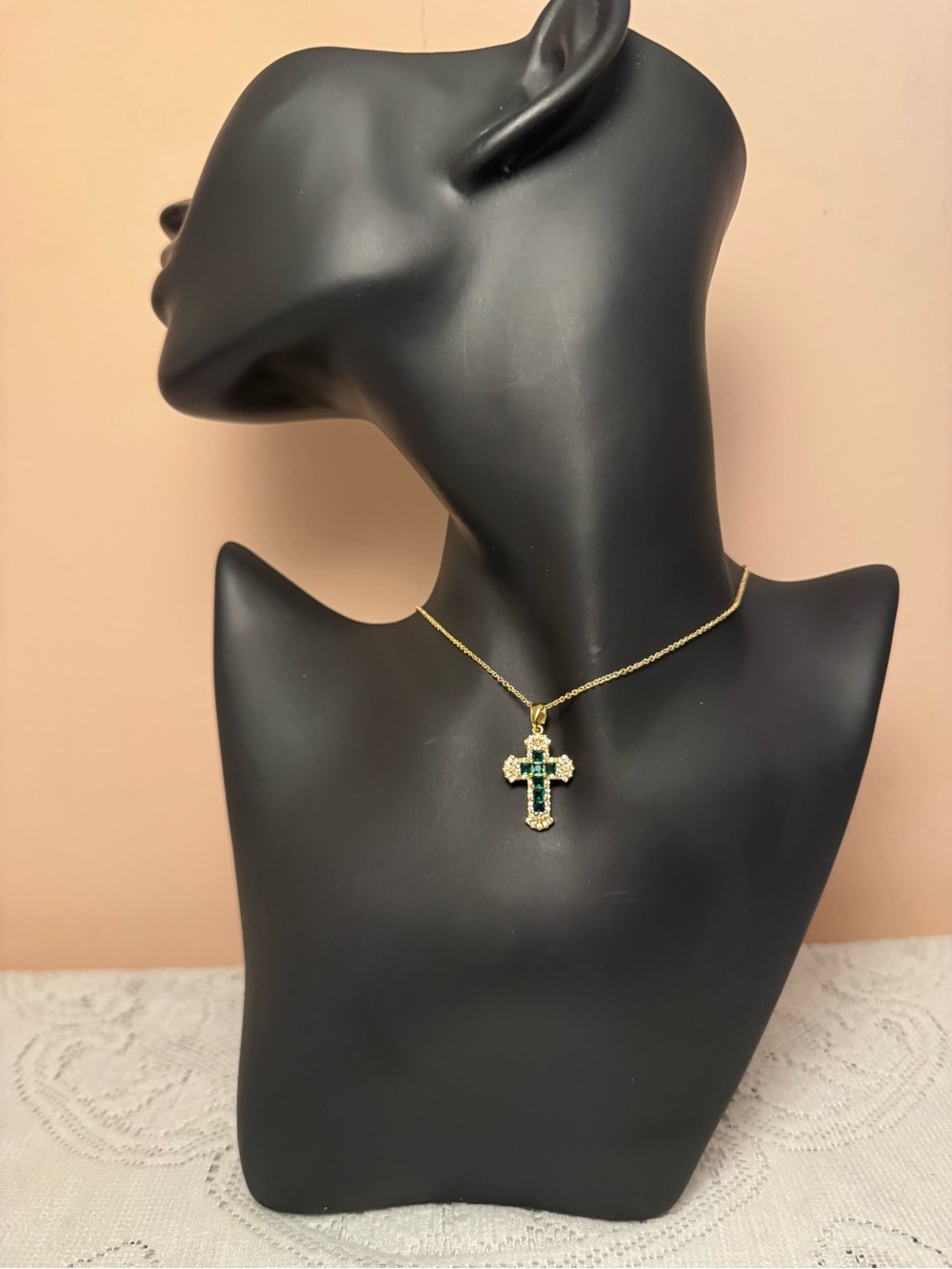 Adina Eden Gold Cross Pendant Necklace with Emerald Cz Stones